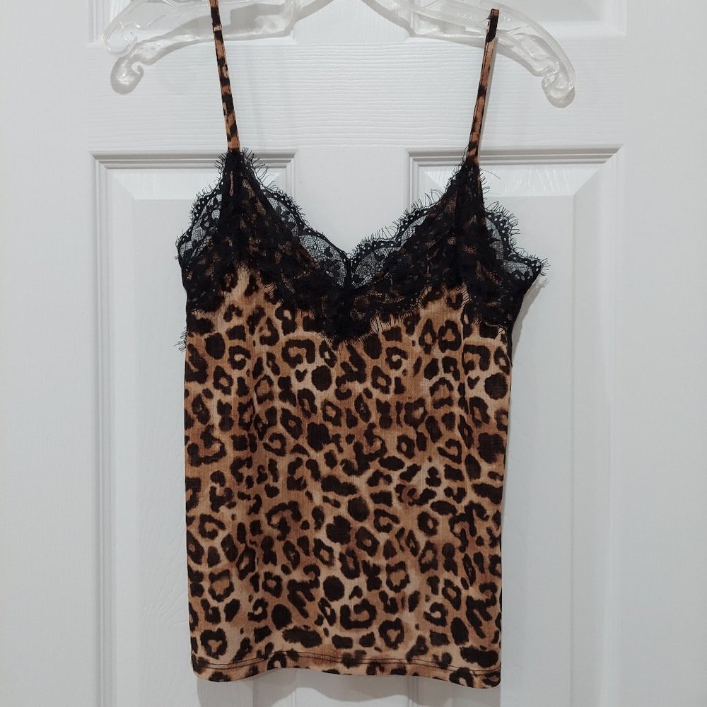 Zara Trafaluc Leopard Printed Eyelash Lace Sexy Camisole V Back Tank Top Small